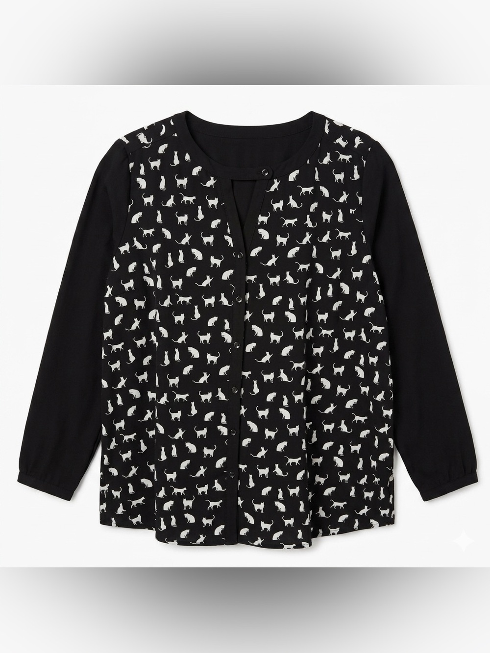 BonWorth Long Sleeve Button Down Cat Print Blouse with V Cutout